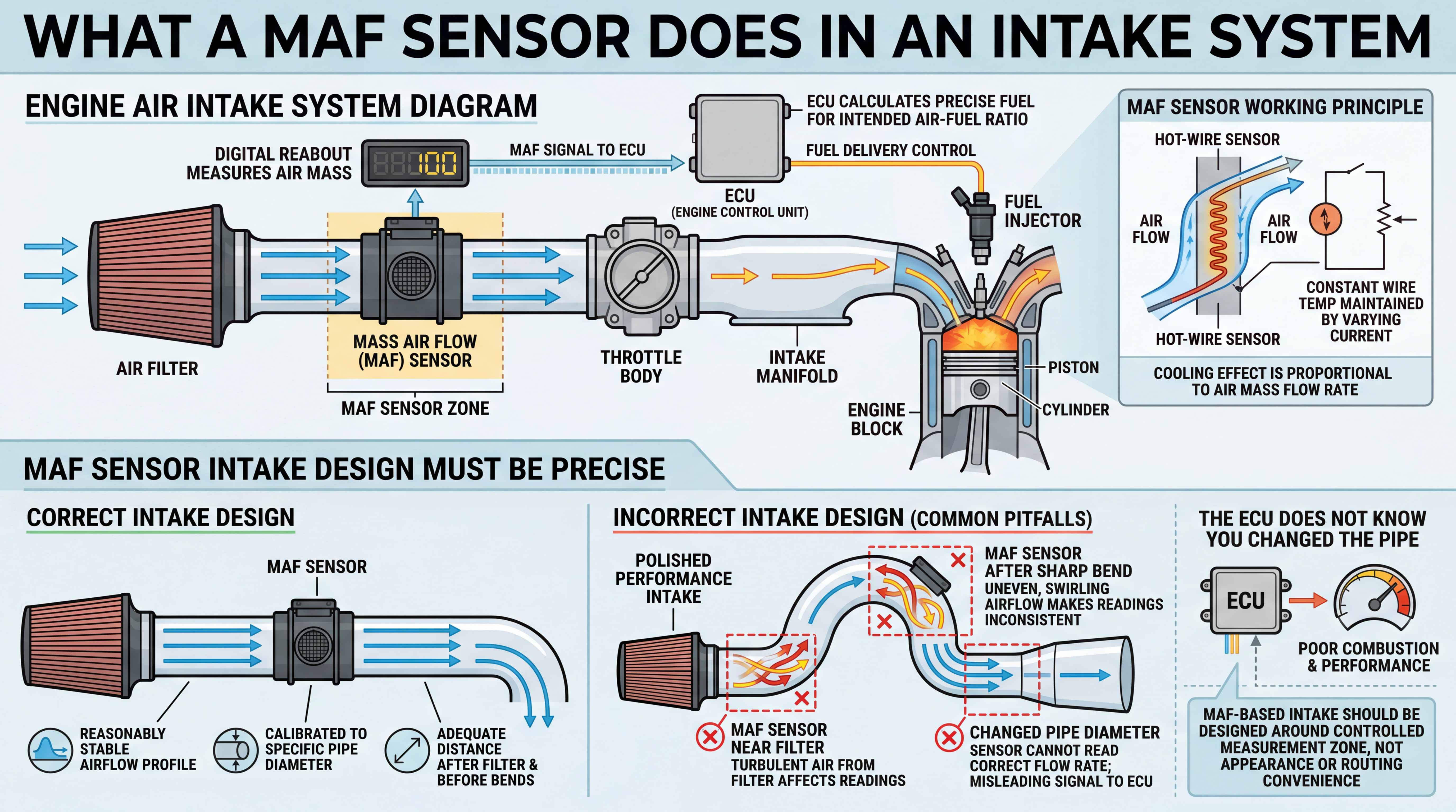 MAF sensor intake diagram explaining air mass measurement, ECU fuel calculation and correct sensor placement in the intake pipe